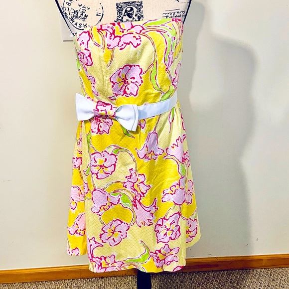 Lilly Pulitzer Yellow & Pink Strapless Fit & Flare Dress sz 12 NWOT